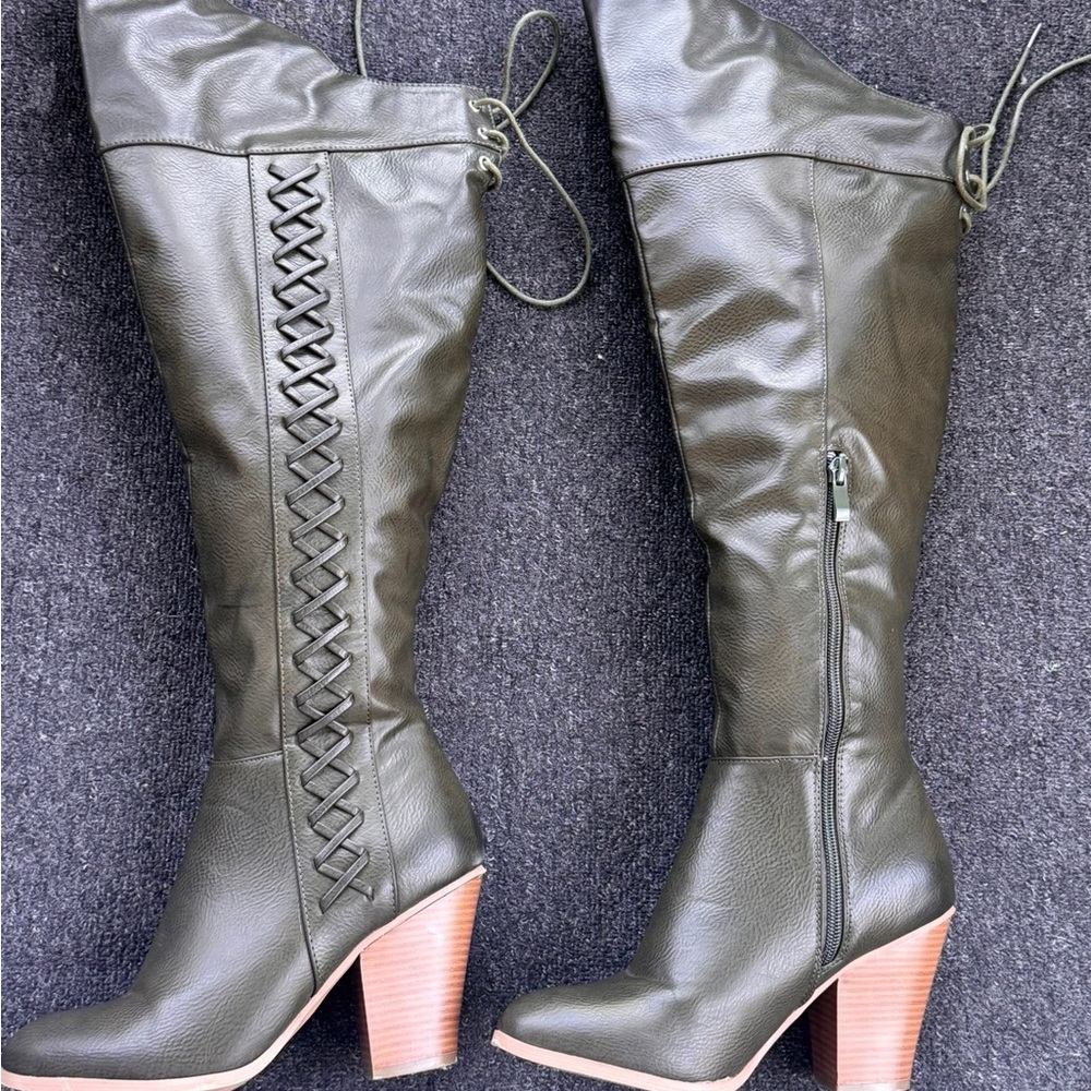 Green Over the Knee Boots with Lace-Up Design